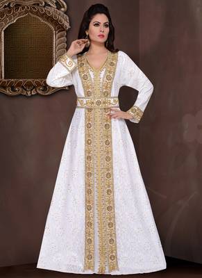 Off white embroidered georgette islamic kaftans with hijab 1