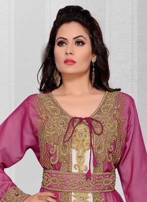 Dark onion pink embroidered georgette islamic kaftans With Sun-proof hijab 2