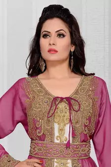 Dark onion pink embroidered georgette islamic kaftans With Sun-proof hijab
