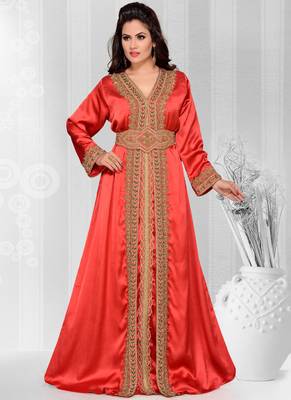Grand Maroon Kaftan Gown with Gold Zari Work & Matching Hijab 1