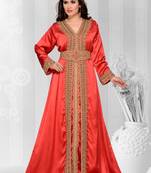 Grand Maroon Kaftan Gown with Gold Zari Work & Matching Hijab | Luxury Event Dress