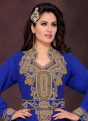 Blue embroidered georgette islamic kaftans With Sun-proof hijab 2