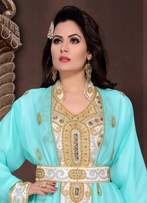 Turquoise Georgette Embroidered Moroccan Kaftan with Hand Embroidery 2