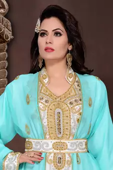 Turquoise Georgette Embroidered Moroccan Kaftan with Hand Embroidery