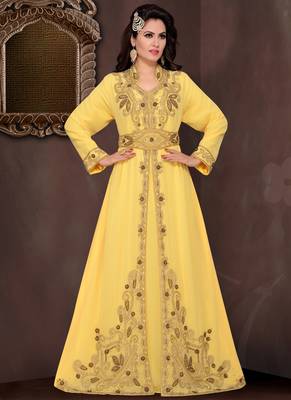 Yellow embroidered georgette islamic kaftans with hijab 1