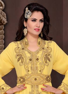 Yellow embroidered georgette islamic kaftans with hijab 2