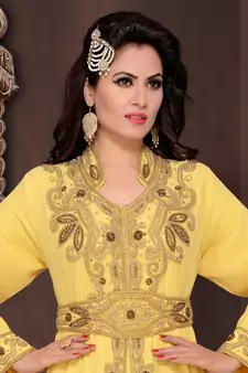 Yellow embroidered georgette islamic kaftans with hijab