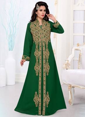 Green embroidered georgette islamic kaftans With Sun-proof hijab 1