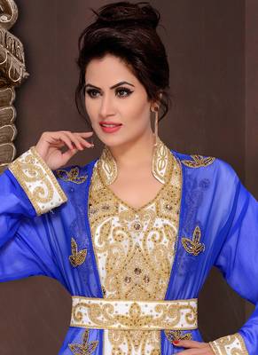 Blue embroidered georgette islamic kaftans With Sun-proof hijab 2