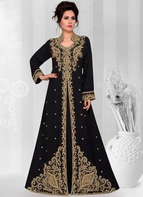 Black embroidered georgette islamic kaftans With Sun-proof hijab 1