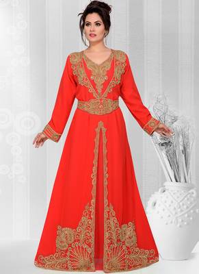 Red embroidered georgette islamic kaftans With Sun-proof hijab 1