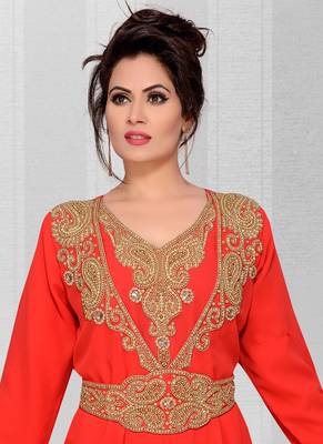 Red embroidered georgette islamic kaftans With Sun-proof hijab 2