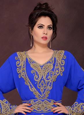 Blue embroidered georgette islamic kaftans With Sun-proof hijab 2