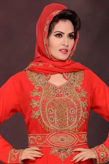 Blood red embroidered georgette islamic kaftans with hijjab