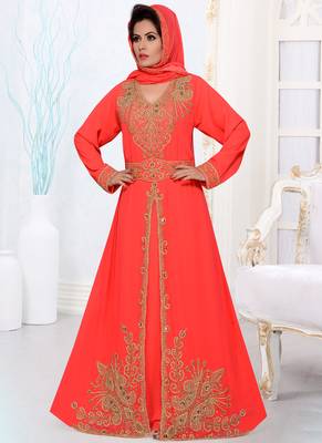 Red embroidered georgette islamic kaftans with hijab 1
