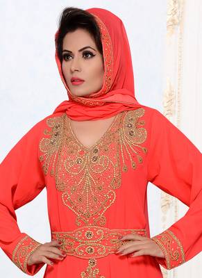 Red embroidered georgette islamic kaftans with hijab 2