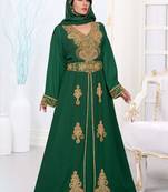 Green embroidered georgette islamic kaftans With Sun-proof hijab.
