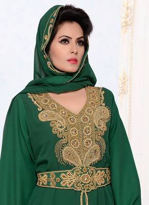 Green embroidered georgette islamic kaftans With Sun-proof hijab 2