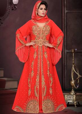 Red embroidered georgette islamic kaftans with hijab 1