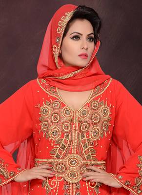 Red embroidered georgette islamic kaftans with hijab 2