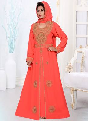 Light red embroidered georgette islamic kaftans with hijjab 1