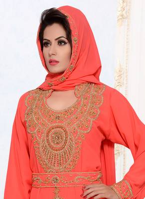 Light red embroidered georgette islamic kaftans with hijjab 2