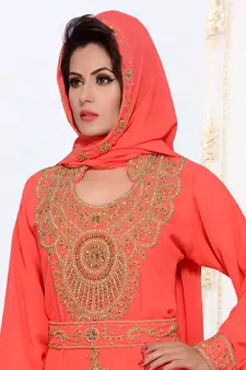 Light red embroidered georgette islamic kaftans with hijjab