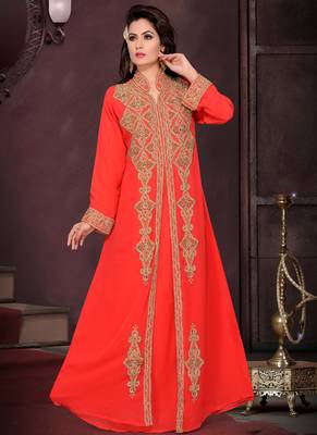 Red embroidered georgette islamic kaftans With Sun-proof hijab 1