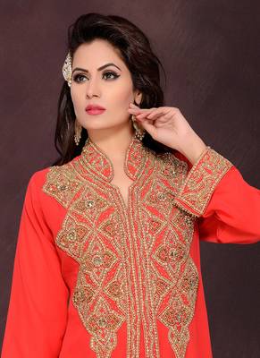 Red embroidered georgette islamic kaftans With Sun-proof hijab 2