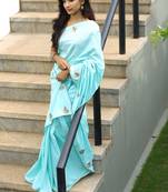Light blue embroidered cotton designer saree with blouse