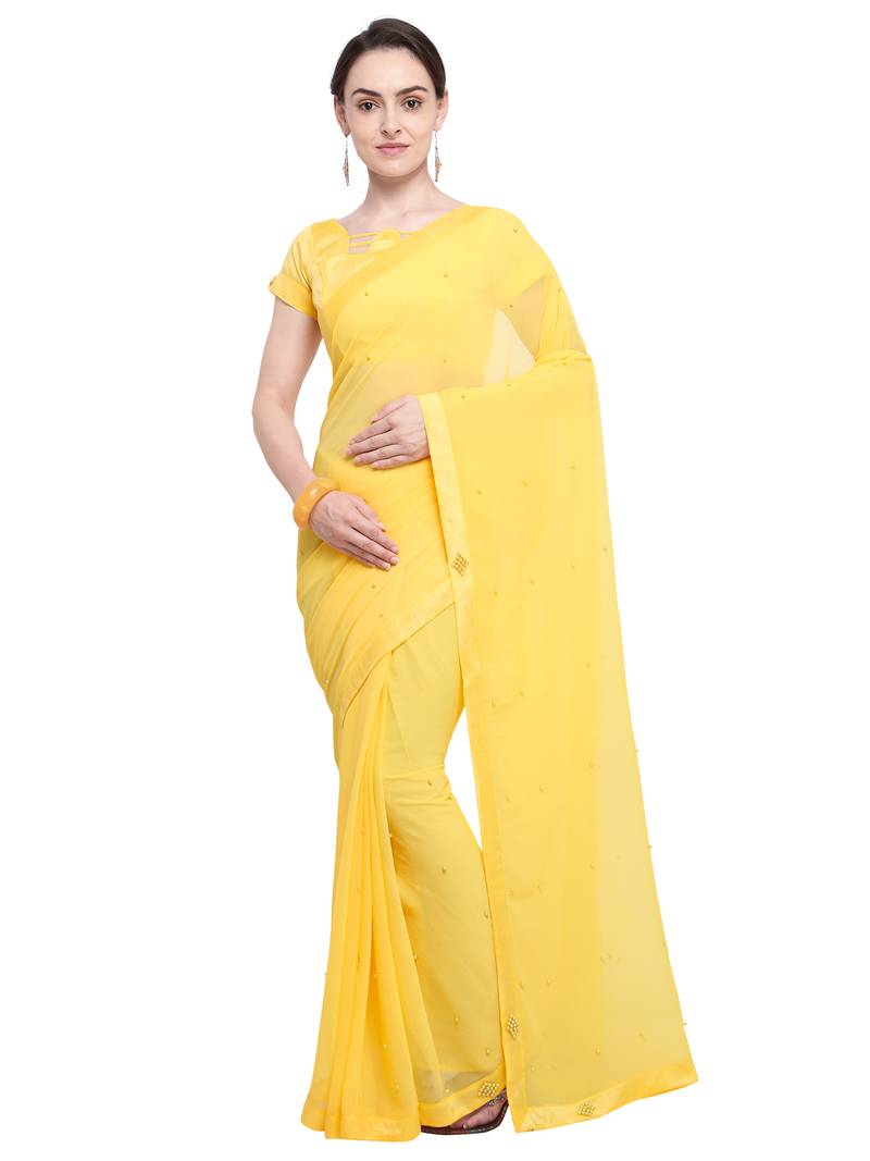 Chiffon Plain Yellow Saree With Contrast Blouse Yellow Plain Chiffon Saree With Blouse - AASVAA FASHION - 2774576