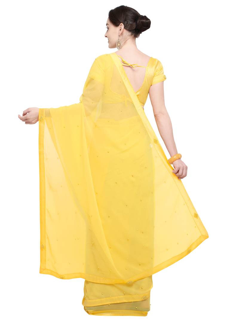 Chiffon Plain Yellow Saree With Contrast Blouse Yellow Plain Chiffon Saree With Blouse - AASVAA FASHION - 2774576