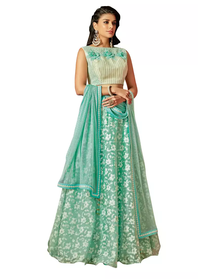Green Color Tissue Designer Semi  Stitched Lehenga Choli