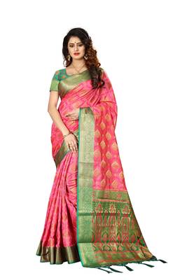 Baby pink woven patola saree with blouse 1