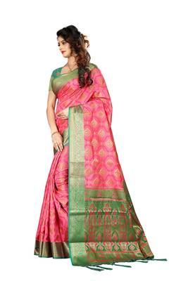 Baby pink woven patola saree with blouse 3
