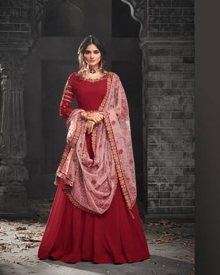 Red embroidered faux georgette salwar with dupatta 1