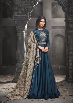 Blue embroidered satin salwar with dupatta 1