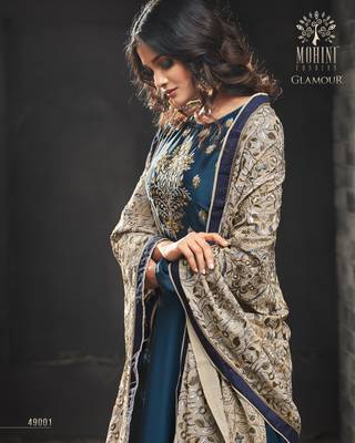 Blue embroidered satin salwar with dupatta 4