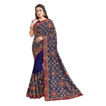 Navy Blue Embroidered Georgette Saree With Blouse 1