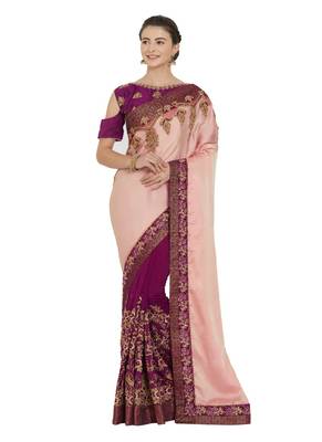 Peach and purple two tone silk and silk fabrics saree with blouse 1
