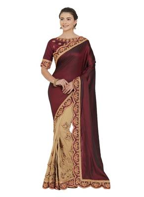 Maroon and beige two tone silk saree with blouse 1