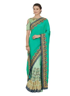 Green and lime green two tone silk and silk fabrics saree with blouse 3