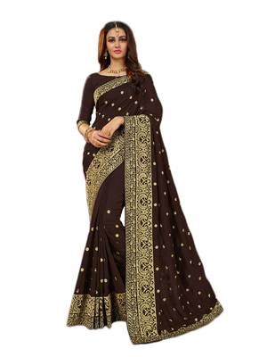 Brown embroidered art silk saree with blouse 1