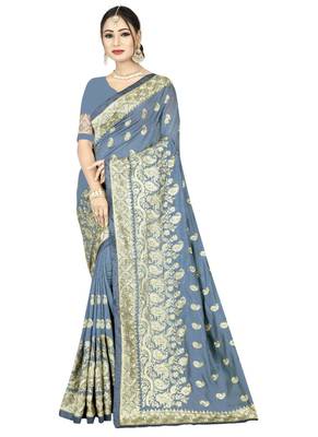 Grey embroidered art silk saree with blouse 1