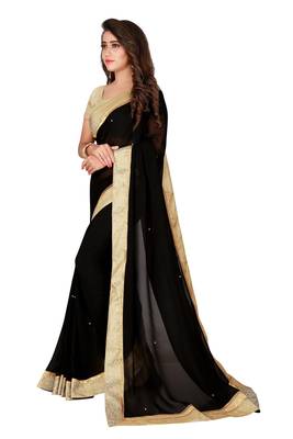 Black plain faux chiffon saree with blouse 2