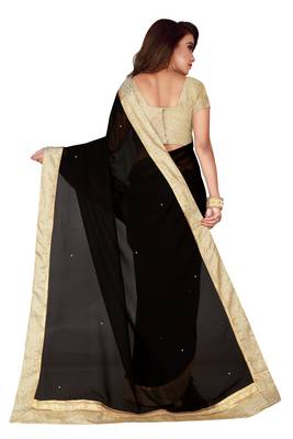 Black plain faux chiffon saree with blouse 3