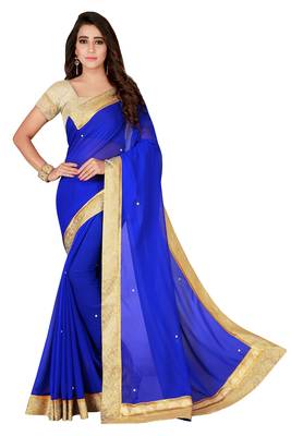 Blue plain faux chiffon saree with blouse 1
