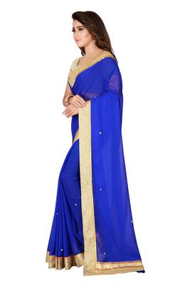 Blue plain faux chiffon saree with blouse 2