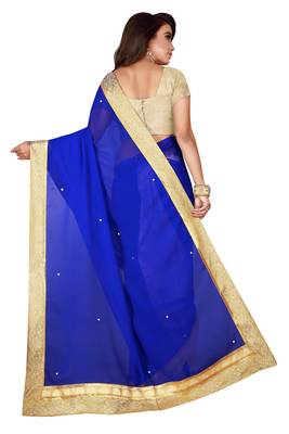 Blue plain faux chiffon saree with blouse 3