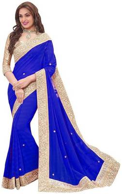 Blue plain faux chiffon saree with blouse 4